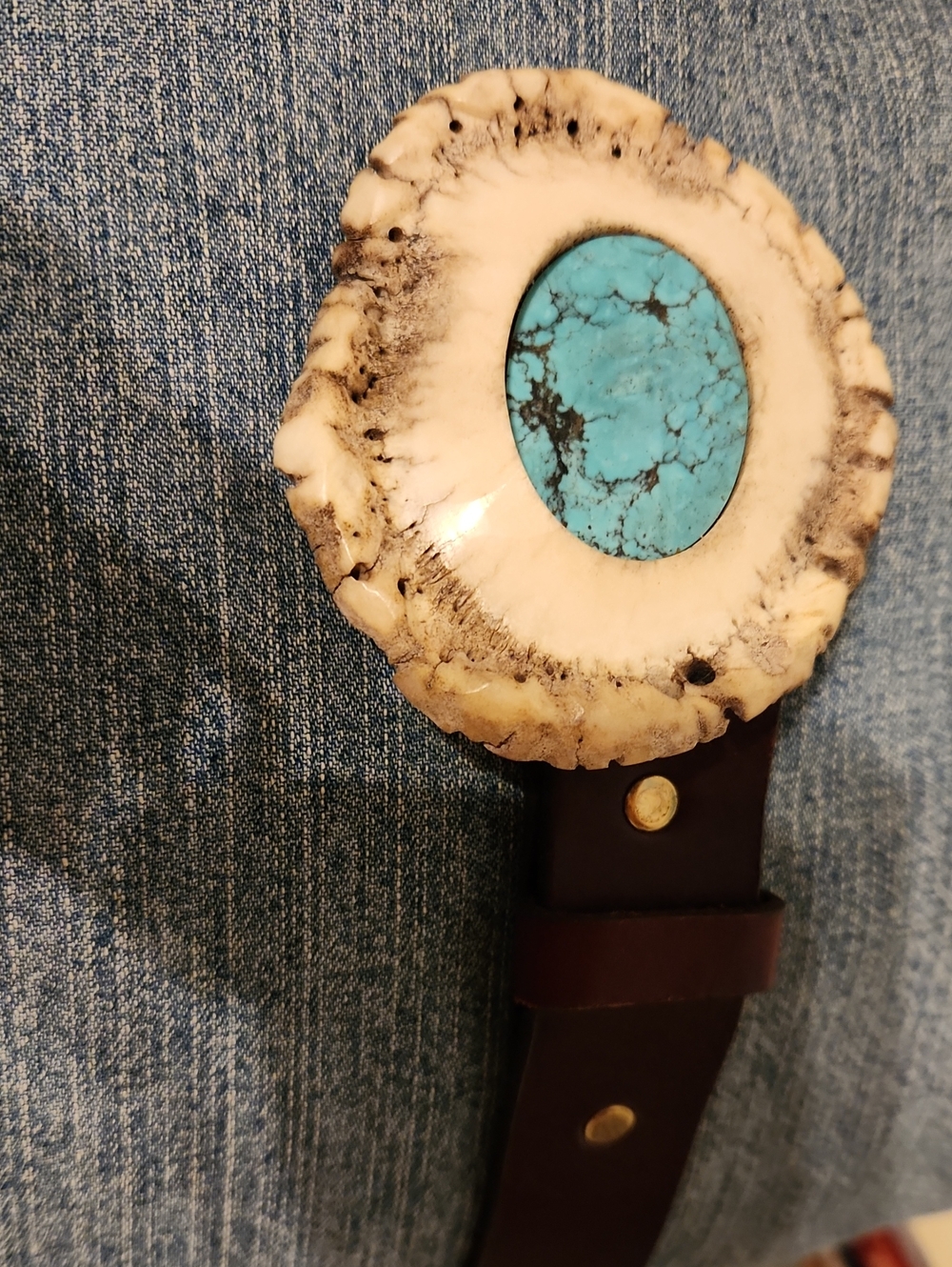 Handcrafted Turquoise Antler Buckle On Brown Leather Belt